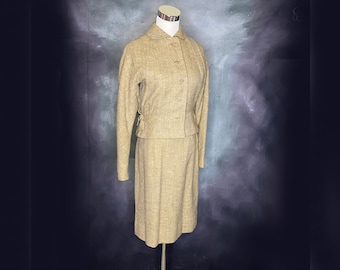 Damen Vintage Wollanzug, 1940er, 1950er Jahre, Kennie Original, Beige Tweed, Rock und Jacke, taillierte Jacke, knielang, klein