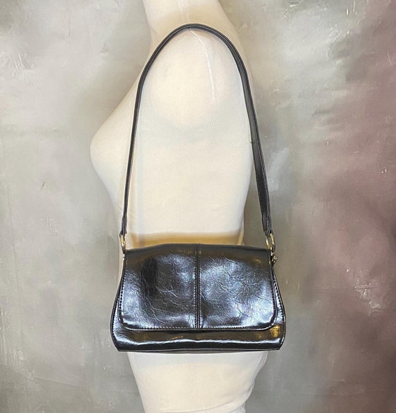 Liz Claiborne Black Shoulder Bag Liz Claiborne Faux Leather Under Arm Bag Black Vegan Leather Shoulder Bag Snap Close Oblong Shoulder Bag Etsy