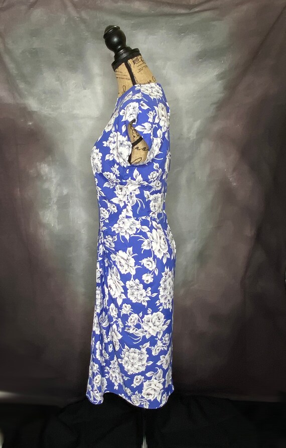 60's Blue Floral Hourglass Midi Dress, Small - image 3