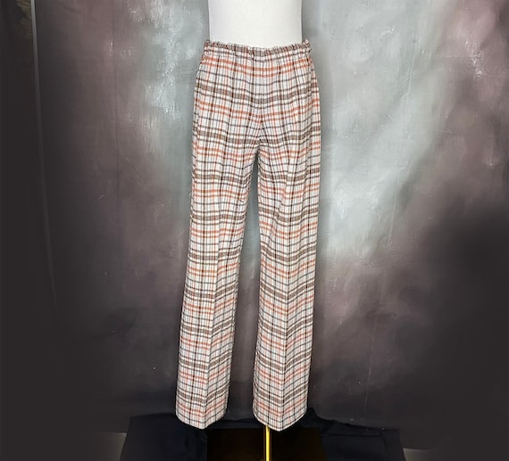 Pantalones de campana para mujer de los anos 70 pantalones de campana de poliester a cuadros marrones pantalones acampanados de cintura elastica pantalones de pierna ancha talla pequena Etsy Espana