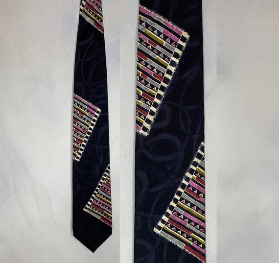 Vintage Tie, Moda Italiana Tie, Geometric Tie, Patchwork Tie, Embossed Silk Tie, Black Purple Tie, Silk Tie, Unique Tie, 80s Tie, Black Tie