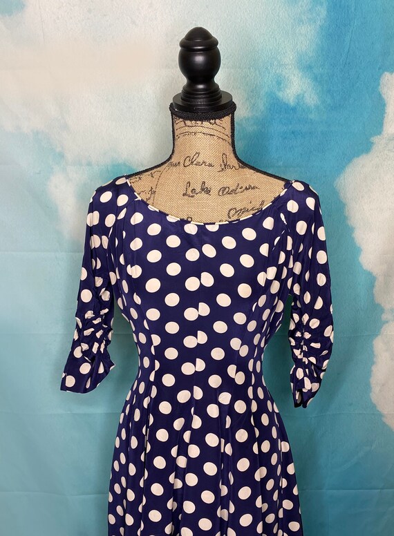 50's Fit and Flare Navy and White Dotted Dress, R… - image 3