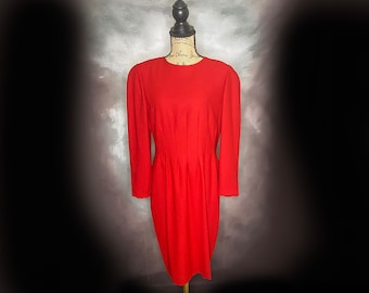 80's Long Sleeve Red Dress, Hourglass Wiggle Dress, Below the Knee Red Polyester Dress, 80's Big Shoulder Dress, Jacqueline Ferrar, Medium