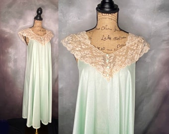 70's Vanity Fair Midi Length Nightgown, Light Green Nightgown, Vanity Fair Lacy Nightgown, Sleeveless Ankle Length Nightgown, Small