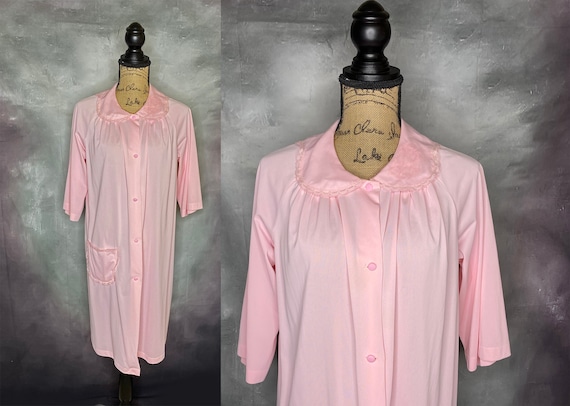 70 s Vintage Womens Robe Vintage Housecoat Pink Nylon Robe Pink Nylon Housecoat Short Sleeve Robe Below the Knee Robe Shadowline Robe