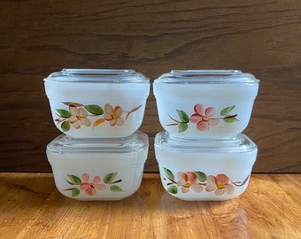 Fire King Peach Blossom Refrigerator Dishes,Set of 4 Peach Blossom Refrigerator Dishes with Lids,4 Fire King Pint Lidded Refrigerator Dishes