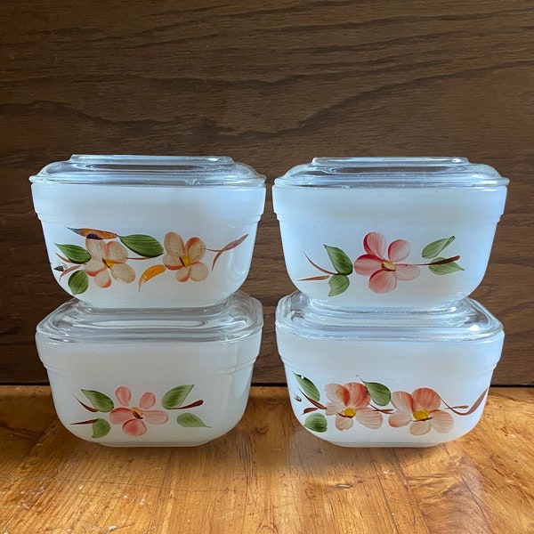 Fire King Peach Blossom Refrigerator Dishes,Set of 4 Peach Blossom Refrigerator Dishes with Lids,4 Fire King Pint Lidded Refrigerator Dishes