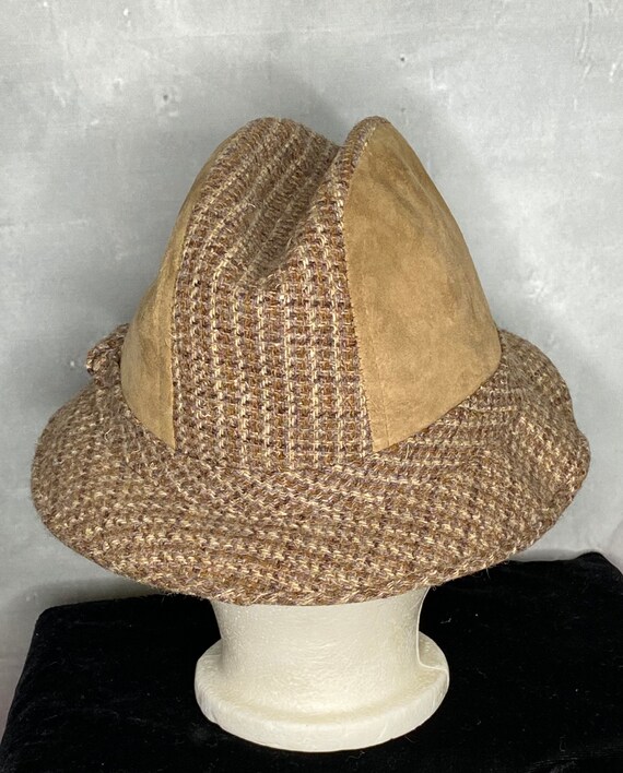 80's Men's Brown Wool Tweed and Suede Bucket Hat - image 5