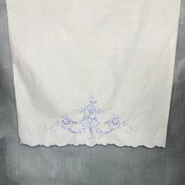 60's Vintage Pillowcase, White Cotton Pillowcase with Blue Embroidery, Eyelet Hem Pillowcase, Standard Size Vintage Pillowcase, Blue Eyelet