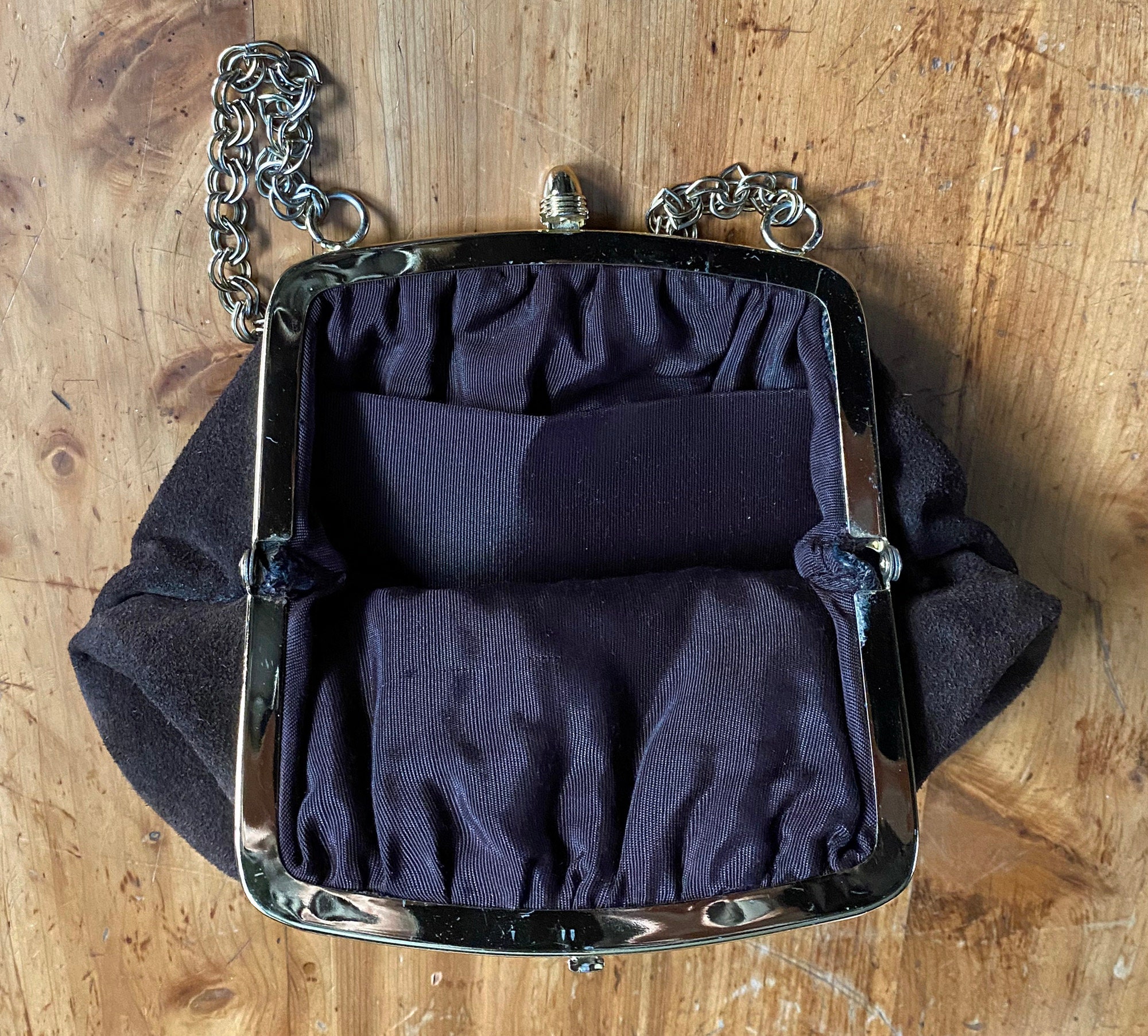 Sac Bandoulière Vintage Années 80 En Daim Gris – Chaîne Dorée, 27x14 Cm – Pochette Femme