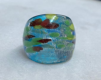 Art Glass Ring, Blown Glass, Blue, Water Scene, Red Yellow Geeen, Big, 90's, Size 5- 5 1/2
