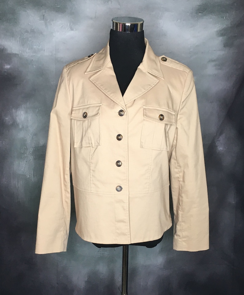 Epaulets Militrary Style Chest Pockets Vintage Khaki Jean Jacket 1990/'s Luxury is a State of Mind Medium Banded Waist Apostrophe