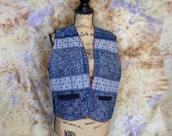80's Thai Artisan Cotton Folk Vest, Indigo Batik, Women's Large, Men's Medium