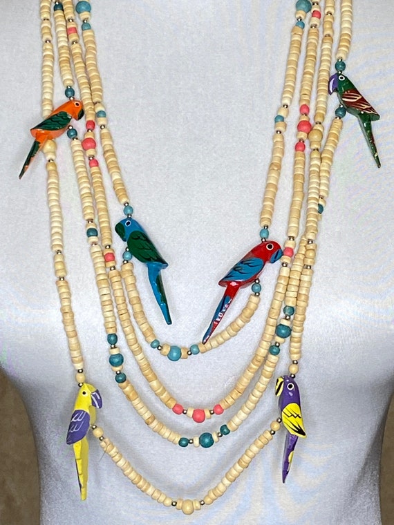 Vintage Wood Parrot Necklace, Carved Painted Parr… - image 2