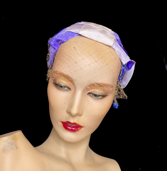 50's Blue Half Hat, Netting, Veil, Ties - image 2