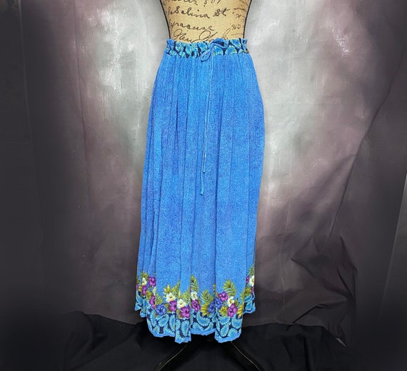 80's Rayon Boho Maxi Skirt in Royal Blue with Flo… - image 1