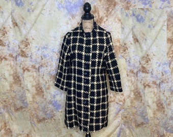 Vintage Women's Coat, 1960's, Wilson Folmar, Cotton Weave, Black and White Plaid, Knee Length, Small