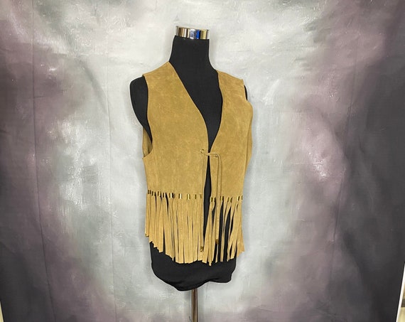 Vintage Suede Fringed Vest, 1970's, Light Brown Su