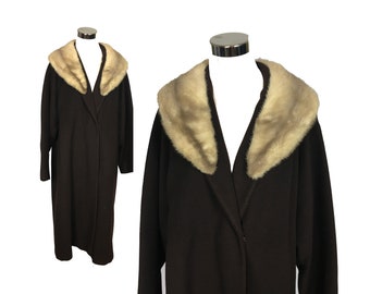 Vintage Women's Mink Collar Coat, 60's Wool Coat with Mink Collar, Mink Shawl Collar Coat, Brown Wool Coat with Blond Mink Collar, Medium