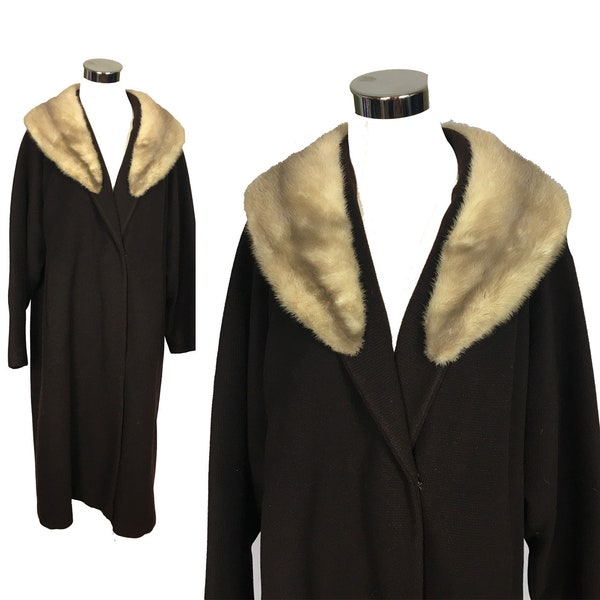 Vintage Women's Mink Collar Coat, 60's Wool Coat with Mink Collar, Mink Shawl Collar Coat, Brown Wool Coat with Blond Mink Collar, Medium