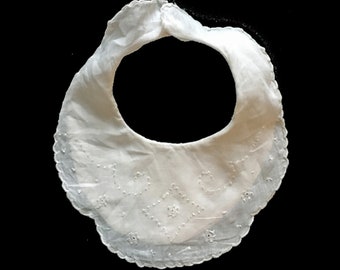 Early 1900's White Cotton Embroidered Baby Bib, Snap Closure