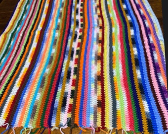 Vintage Acrylic Crochet Afghan in Bright Multicolor Stripes, 34" by 74"