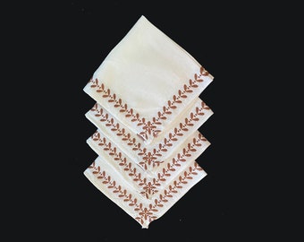 Vintage Napkins, Set of 4, White Linen, Machine Embroidered Brown Border, 1980's