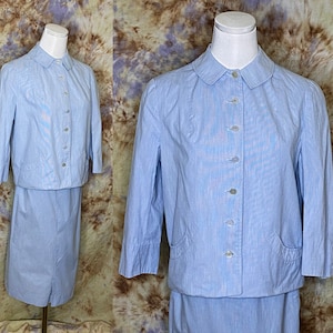 Vintage Womens Suit, 60s Womens Suit, Skirt Suit, Light Blue Skirt Suit, Boxy Jacket Suit, Womens Pinstripe Suit, Pencil Skirt Suit, Small