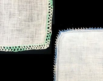 Vintage White Linen Hankie, Cotton Lace Border, Green White Lace Hanky, 60's Hanky, Handkerchief