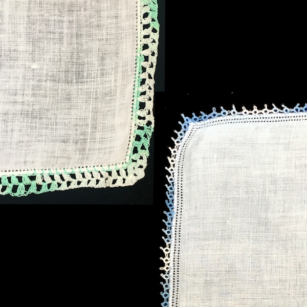 Vintage Hankie, Hankies, Handkerchief, White Linen, Cotton Lace Border, Green White Border, Blue White Border, 1960's