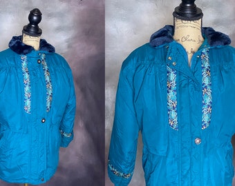 Vintage Women's Turquoise Ski Jacket, Teal Puffer Jacket, 80s Ski Jacket, Plush Collar Ski Jacket, Storm Stopper Jacket, Women's 80's Puffer