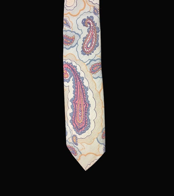 70's Wide Paisley Tie, Blue Yellow Pink Necktie, P