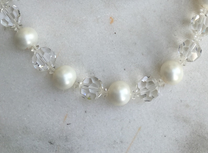 Vintage Necklace and Earrings Clear Glass and Faux Pearl Beads Choker Marvella Clip on Earrings 1950/'s Button Earrings