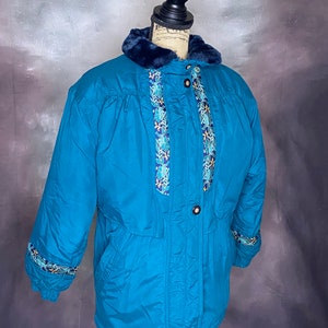 Vintage Women&#39;s Ski Jacket, Teal Ski Jacket, 80s Puffer Jacket, Plush Collar Ski Jacket, Storm Stopper, Women&#39;s 80s Ski Jacket, Plush Collar