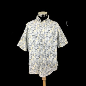 Vintage Men&#39;s Short Sleeve Shirt, 60s Men&#39;s Dress Shirt, Button Down Collar Shirt,  Men&#39;s Blue Yellow Print Shirt, Vintage Towncraft Shirt