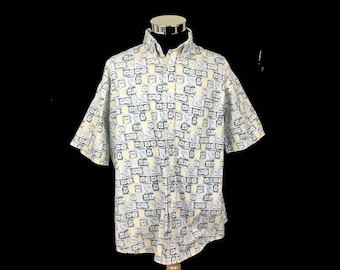 Vintage Men's Short Sleeve Shirt, 60s Men's Dress Shirt, Button Down Collar Shirt,  Men's Blue Yellow Print Shirt, Vintage Towncraft Shirt