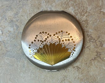 Vintage 1930er Jahre Pilcher Art Deco Compact, eingelegtes Messing, Taschenspiegel, rund