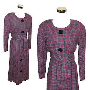 Vintage Dress, 80&#39;s Dress, Purple Plaid Dress, Midi Dress, Big Shoulder Dress, Big Button Dress, Calf Length Dress, Long Sleeve Dress, Small
