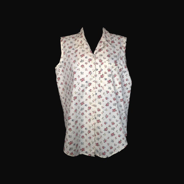 Vintage Blouse, 1960s, Sleeveless, Cotton, Summer, Floral Print, Medium, Large