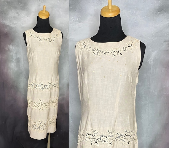 Vintage Linen Dress Linen Sheath Dress Ivory Linen Dress 60 s Shift Dress Sleeveless Dress Below Knee Dress Lace Embroidery Dress Etsy Canada