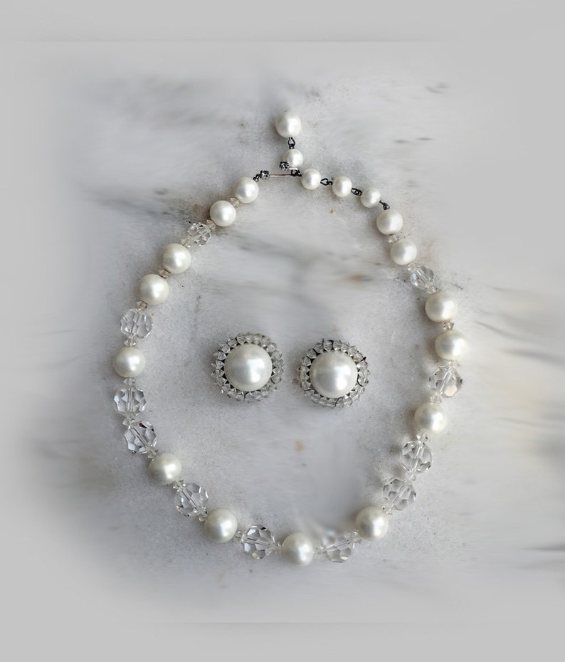 Vintage Necklace and Earrings Clear Glass and Faux Pearl Beads Choker Marvella Clip on Earrings 1950/'s Button Earrings
