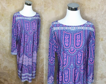 Vestido BCBG Max Azaria azul y rosa Paisley de los años 90, vestido BCBG Paisley de manga larga Paisley, vestido hasta la rodilla Max Azaria rosa azul Paisley, Lg