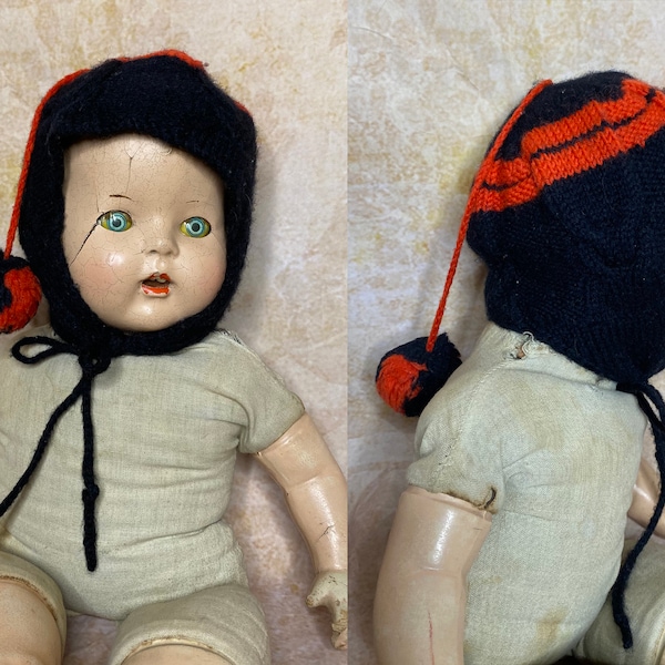 40's 50's Vintage Toddler Wool Hat, Toddler Winter Hat, Navy Red Toddler Hat, Toddler Boy Girl Hat, Ear Flaps, Pom Pom, Chin Tie, Altmont