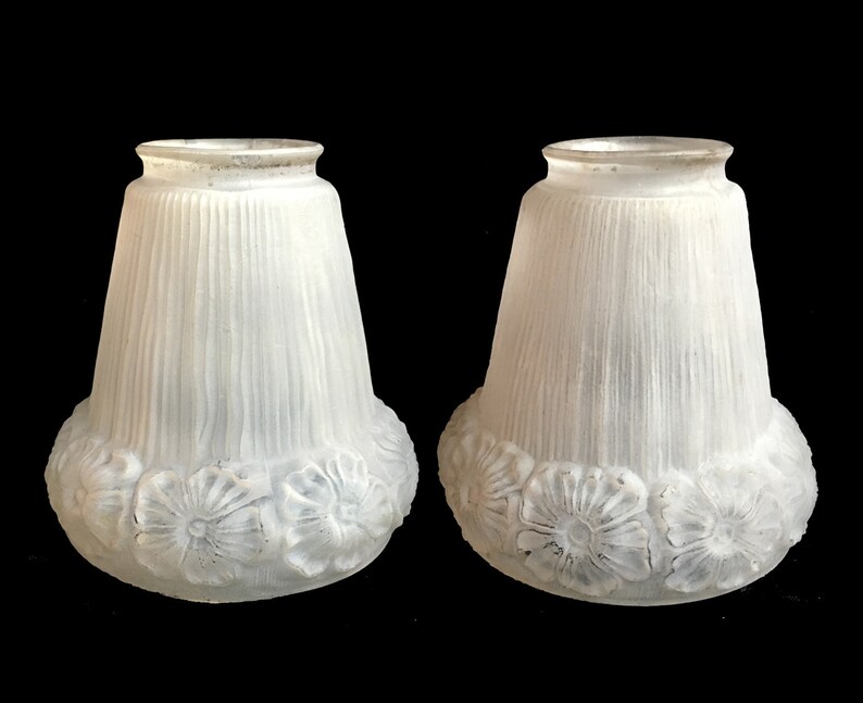 Vintage Glass Light Lamp Shades Pair Matching Frosted Pressed Cone Shaped Fl And Pleated Design 1950 S