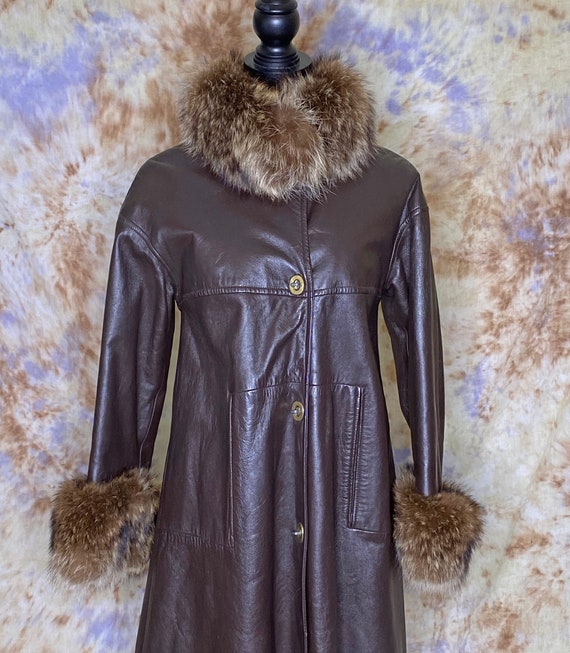 60's Leather Midi Coat with Fox Collar and Cuffs,… - image 3