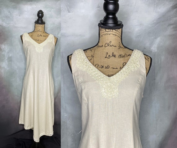 80's Linen Blend Beige Sleeveless Midi Dress, Asy… - image 1