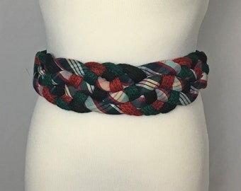 Women's 70's Braided Cummerbund Belt, Green Red Fabric Belt, Back Fastening Belt, Braided Plaid Fabric Belt, Christmas Belt, Size Medium