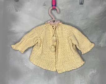 Vintage Newborn to 3 Months Baby Sweater, 70's Baby Sweater, Yellow Acrylic Knit Baby Cardigan, Hand Knit Baby Sweater, Unisex Baby Cardigan