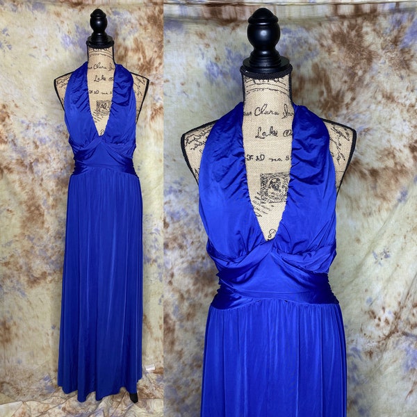 90's Halter Gown, Plunging Neckline and Back, Floor Length, Blue, Ruched Bodice, Gathered Waist, Gracia Fashion, Medium