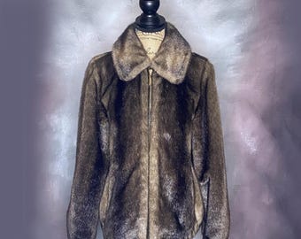Vintage Womens Jacket, Faux Fur Jacket, Ellen Tracy, 90s Faux Fur Jacket, Brown Fur Jacket, Zipper Front Jacket, Big Collar Jacket, X Small